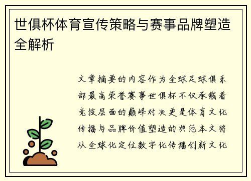 世俱杯体育宣传策略与赛事品牌塑造全解析