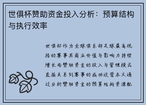 世俱杯赞助资金投入分析：预算结构与执行效率